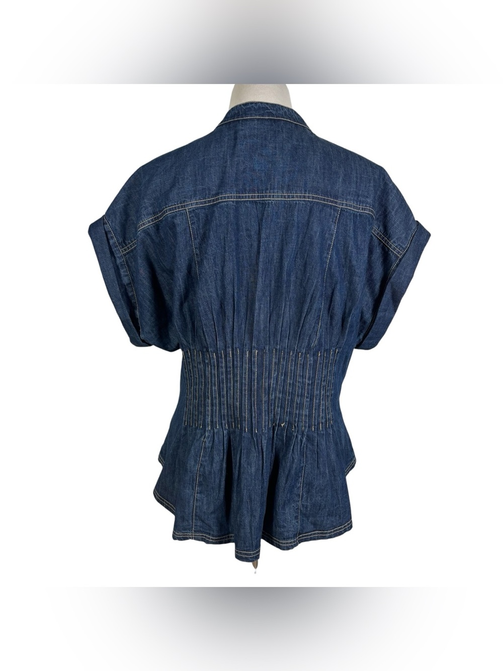 Pilcro Anthropologie Linden Denim Pleated Cinched Waisted Short Sleeve Shirt XL - Picture 2 of 8